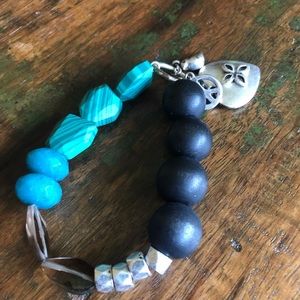 Fossil Stone and Wood Stretch Bracelet w/Charms